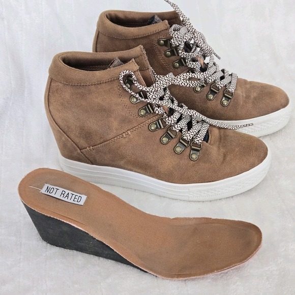 Not Rated TIBI Women's Size 7.5 M Hidden Wedge Sneaker Tan Brown Flannel Accent - Picture 8 of 8